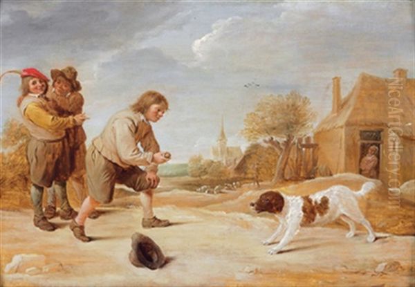 Drei Bauernknaben Mit Einem Hund (after David Teniers) Oil Painting by Thomas Van Apshoven