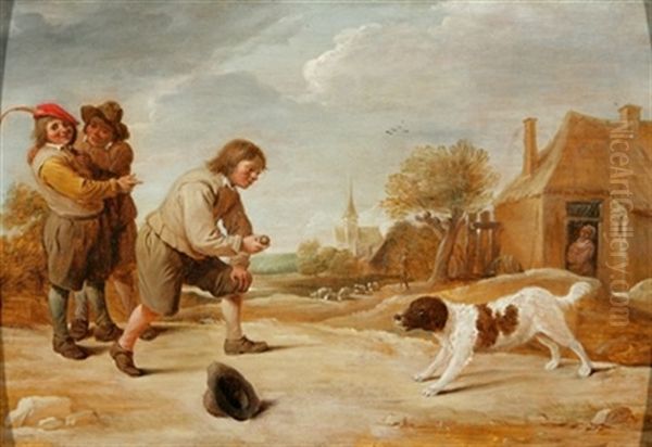 Enfants Jouant Avec Un Chien Oil Painting by Thomas Van Apshoven