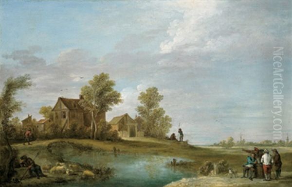 Ein Dorf In Den Dunen Mit Rastenden Bauern Und Einem Hirten Mit Herde Oil Painting by Thomas Van Apshoven