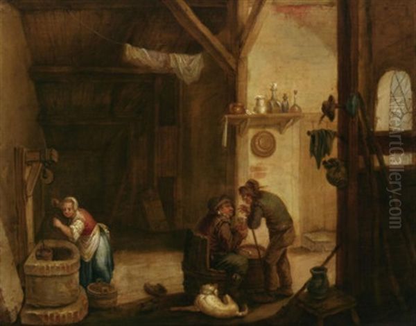 Magd Belauscht Zwei Manner Beim Plausch (+ Bauernleute Lauschen Zwei Knaben Beim Flotespielen Zu; 2 Works) Oil Painting by Thomas Van Apshoven