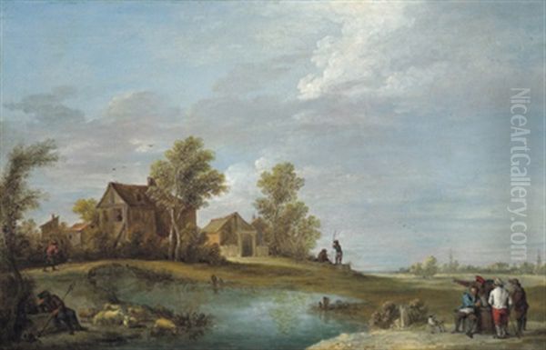 Ein Dorf In Den Dunen Mit Rastenden Bauern Und Einem Hirten Mit Herde Oil Painting by Thomas Van Apshoven