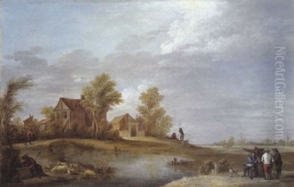 Dorf An Einem Flus Mit Bauern, Hirten Und Herde Oil Painting by Thomas Van Apshoven