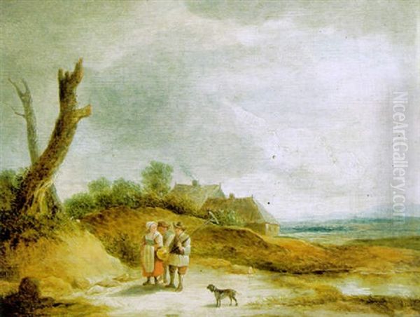 Drei Bauern Mit Einem Hund In Einer Landschaft Oil Painting by Thomas Van Apshoven