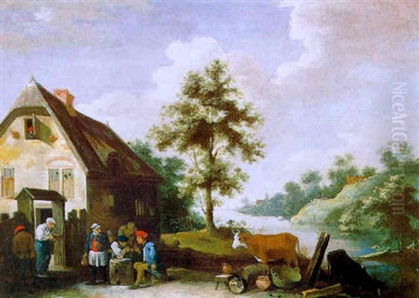 Feiernde Bauern Vor Einem Haus Am Fluss Oil Painting by Thomas Van Apshoven