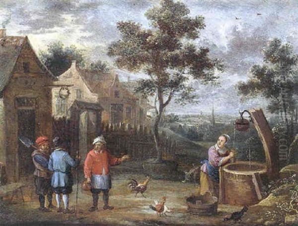 Cour De Ferme Avec Villageois Conversant Et Femme Tirant De L'eau Au Puits Oil Painting by Thomas Van Apshoven