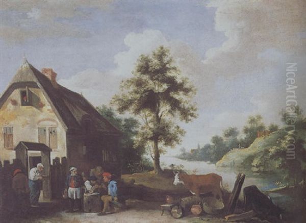 Feiernde Bauern Vor Einem Haus Am Fluss Oil Painting by Thomas Van Apshoven