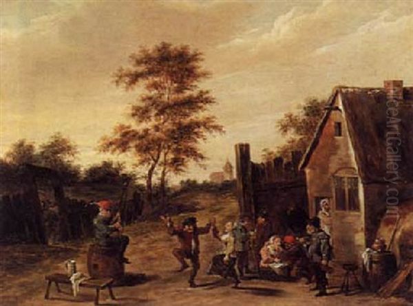 Village Scene With Peasants Dancing In The Courtyard Of An In Oil Painting by Thomas Van Apshoven