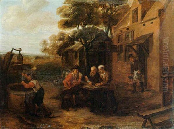 Peasants Playing Cards Outside An Inn Oil Painting by Thomas Van Apshoven