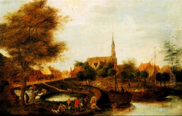 Peasants Bathing By A Village Oil Painting by Thomas Van Apshoven