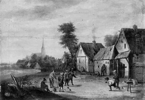 Boors Playing At Skittle On A Yard, A Village Beyond Oil Painting by Thomas Van Apshoven