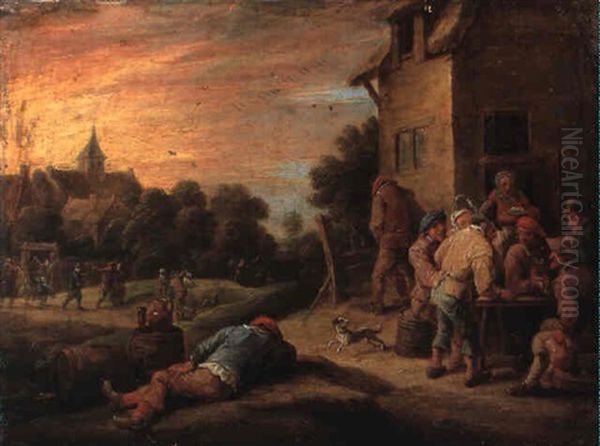 Man Sleeping On The Ground Beside Figures Drinking At A Table by Thomas Van Apshoven