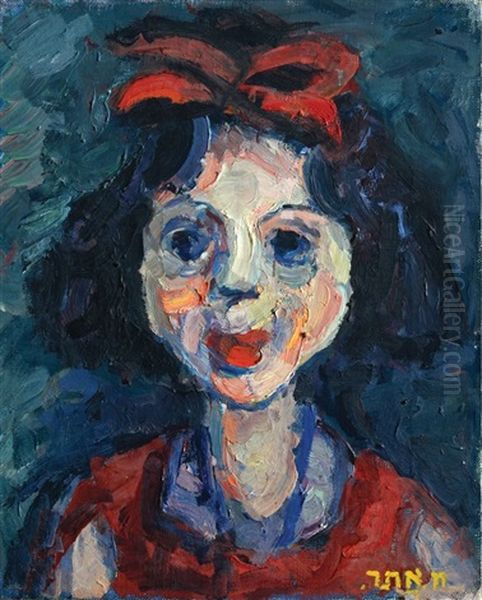 A Girl With Red Headband Oil Painting by Chaim Atar Aptekar