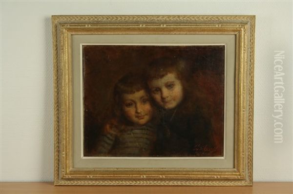 Portrait De Jeunes Enfants Oil Painting by Edouard D' Apvril