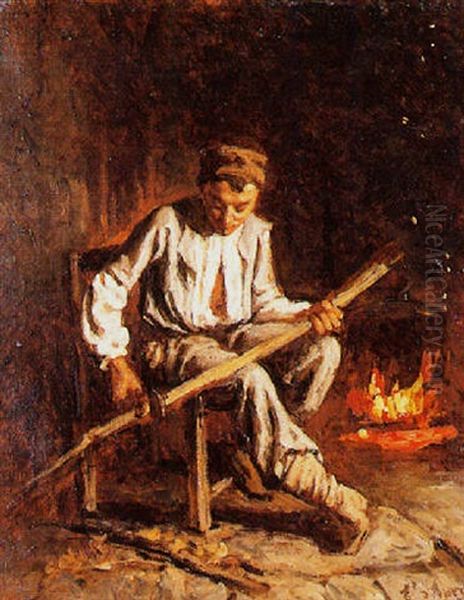 Jeune Paysan Devant Le Feu Oil Painting by Edouard D' Apvril