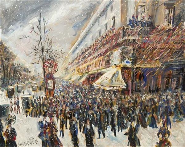 Le Cafe De La Paix Sous La Neige Oil Painting by Alexis Paul Arapov