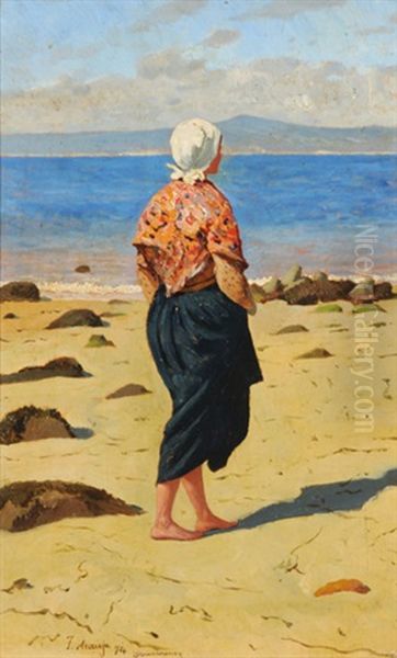 Bretonin Am Strand Von Douarnenez Oil Painting by Joaquin Araujo Ruano