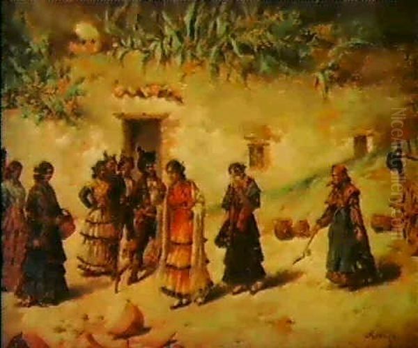 Escena Andaluza: !se Cayo                                   El Cantaro! Oil Painting by Joaquin Araujo Ruano