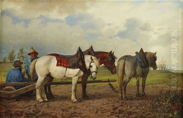 Horses On The Field Oil Painting by Peter Nicolai Arbo