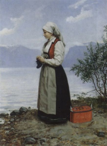 Strikkende Pike I Hardanger Drakt Oil Painting by Peter Nicolai Arbo