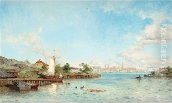 Stockholm Fran Malaren (stockholm From Lake Malaren) Oil Painting by Olof Arborelius