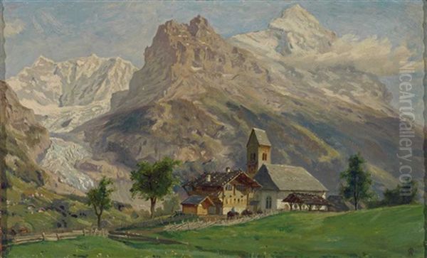 Hochgebirgslandschaft Mit Gletscher, Im Vordergrund Malerisches Kirchdorf Oil Painting by Olof Arborelius