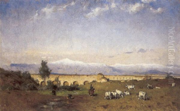 Buoi E Butteri Nella Campagna Romana Oil Painting by Olof Arborelius