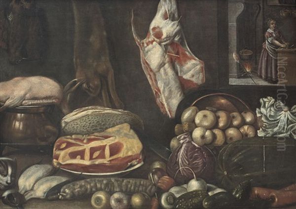 Natura Morta Con Interno Di Cucina E Cuoca Oil Painting by Bartolomeo Arbotoni