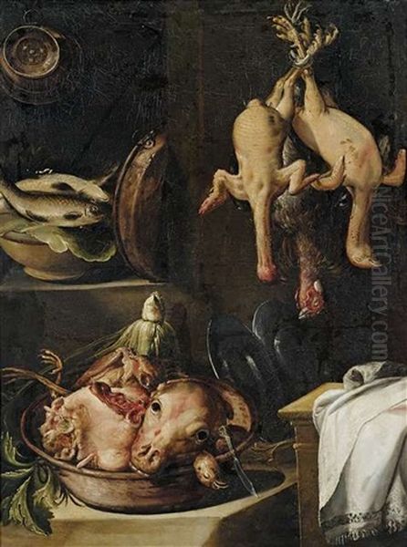 Kuchenstilleben Mit Geflugel, Fischen Und Fleisch Oil Painting by Bartolomeo Arbotori