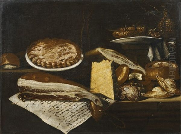 Still Life With Ham, Cheese And Oysters Oil Painting by Bartolomeo Arbotori