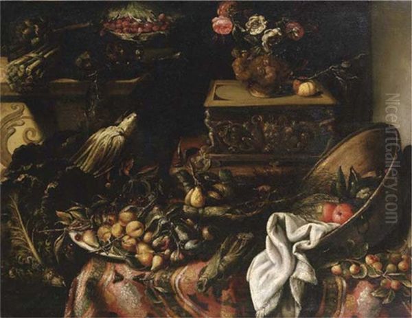 Natura Morta Con Bacile Di Metallo E Vaso Di Fiori, Carciofi, Sedani, Cavolo, Pere E Pesche Oil Painting by Bartolomeo Arbotori