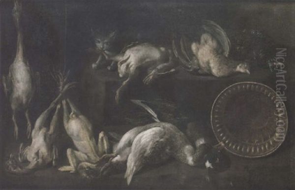 A Game Larder With A Hanging Duck And Chickens, With Duck, A Copper Bowl And Game Birds On A Ledge With A Cat Stealing A Chicken Oil Painting by Bartolomeo Arbotori