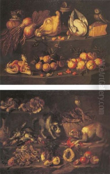 Funghi, Turnips, Pomegranates And An Owl Perched On A Basket Of Fish With Crayfish And A Wine Bottle On A Ledge, A Cat And Dog Fighting Oil Painting by Bartolomeo Arbotori