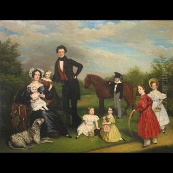 Group Portrait Of The Fenner Family Of Hull Comprising Mother, Father And Seven Children Posing In A Garden Setting With A Pony And Dog Oil Painting by Archibald Archer