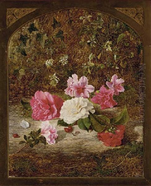 Camelias And Rhododendrons, On A Mossy Bank Oil Painting by Charles Archer