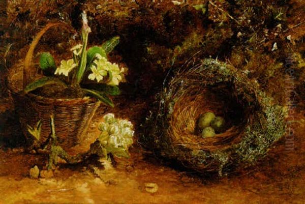 A Basket Of Primulas, Eggs In A Nest And A Sprig Of Apple Blossom On A Mossy Bank Oil Painting by Charles Archer