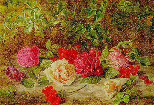 Geraniums And Roses On A Mossy Bank Oil Painting by Charles Archer