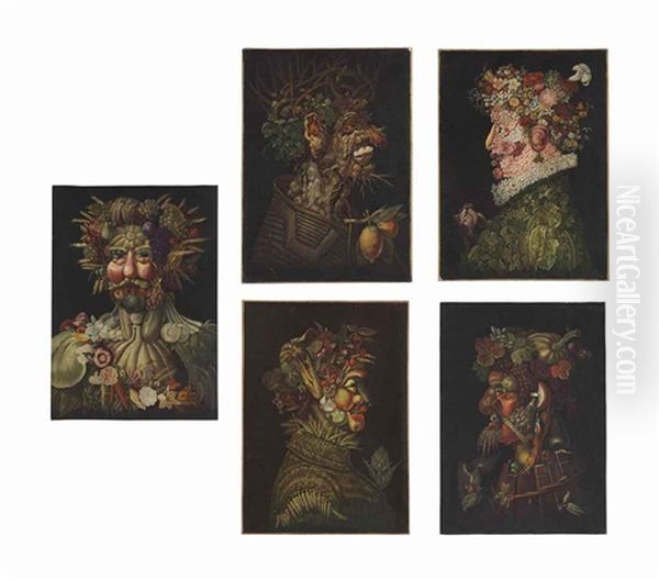 Rudolf Ii As Vertumus; Winter; Spring; Summer; Autumn (5 Works) Oil Painting by Giuseppe Arcimboldo