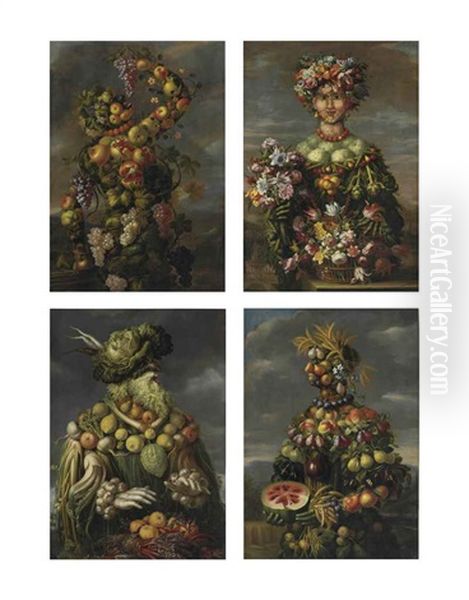 Four Anthropomorphic Figures: An Allegory Of The Four Seasons (set Of 4) Oil Painting by Giuseppe Arcimboldo