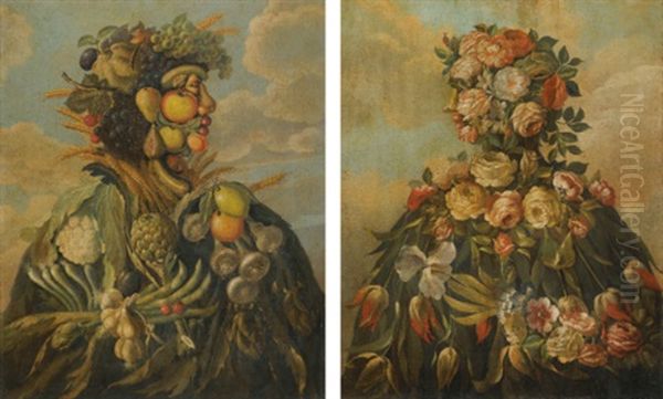 An Anthropomorphic Still-life Profile Of A Man (+ An Anthropomorphic Still-life Profile Of A Woman; Pair) Oil Painting by Giuseppe Arcimboldo