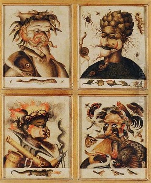 Anthropomorphic Heads: The Allegories Of Water, Earth, Fire And Air Oil Painting by Giuseppe Arcimboldo