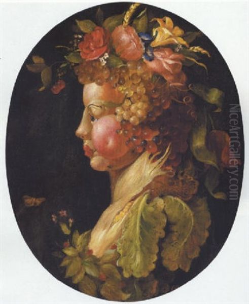 Fantasiskildring Af Et Kvindeansigt Bestaende Af Blomster, Frugter Og Grontsager Oil Painting by Giuseppe Arcimboldo