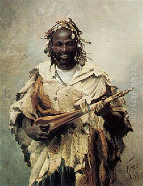 An Arab Musician Oil Painting by Santiago Arcos Y Megalde