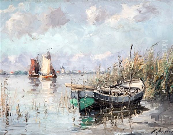 Sloop And Sailingboats On A Dutch Lake Oil Painting by Henri Arden