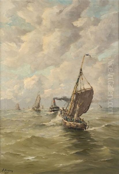 Voiliers Et Vapeur En Mer Du Nord Oil Painting by Henri Arden