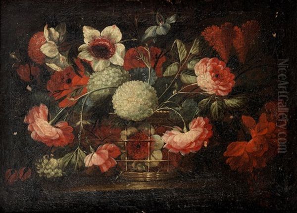 A Still Life Of Roses, Poppies, Chrysanthemums And Other Flowers In A Basket On A Stone Ledge; And A Still Life Of Roses, A Tulip, A Carnation And Other Flowers In A Basket On A Stone Ledge Oil Painting by Jose De Arellano