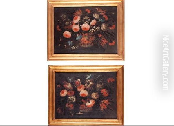 Cestas Con Flores (pair) Oil Painting by Jose De Arellano