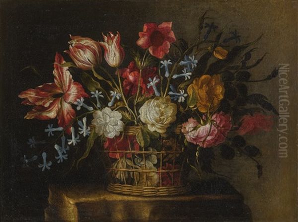 Still Life Of Tulips, Bluebells And Other Flowers In A Basket On A Stone Pedestal Oil Painting by Juan De Arellano