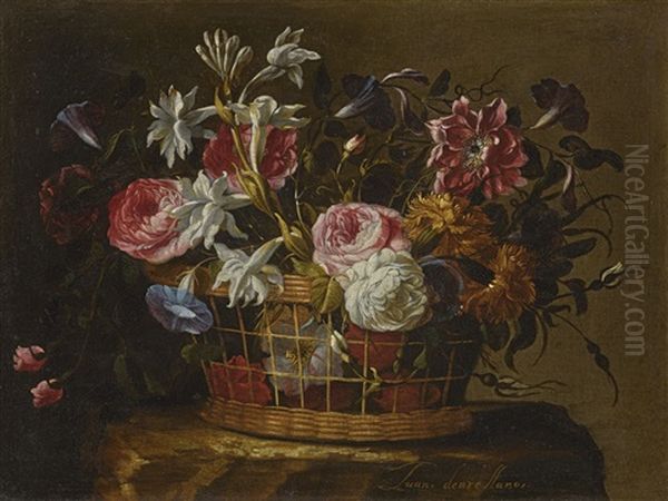 Still Life Of Roses, Lilies, Morning Glories And Other Flowers In A Basket On A Stone Pedestal Oil Painting by Juan De Arellano