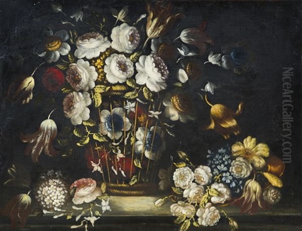 Corbeille De Fleurs Sur Un Entablement Oil Painting by Juan De Arellano