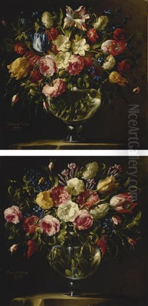 A Pair Of Still Lifes Of Roses, Variegated Tulips, Peonies And Other Flowers In Crystal Vases, On Stone Plinths Oil Painting by Juan De Arellano